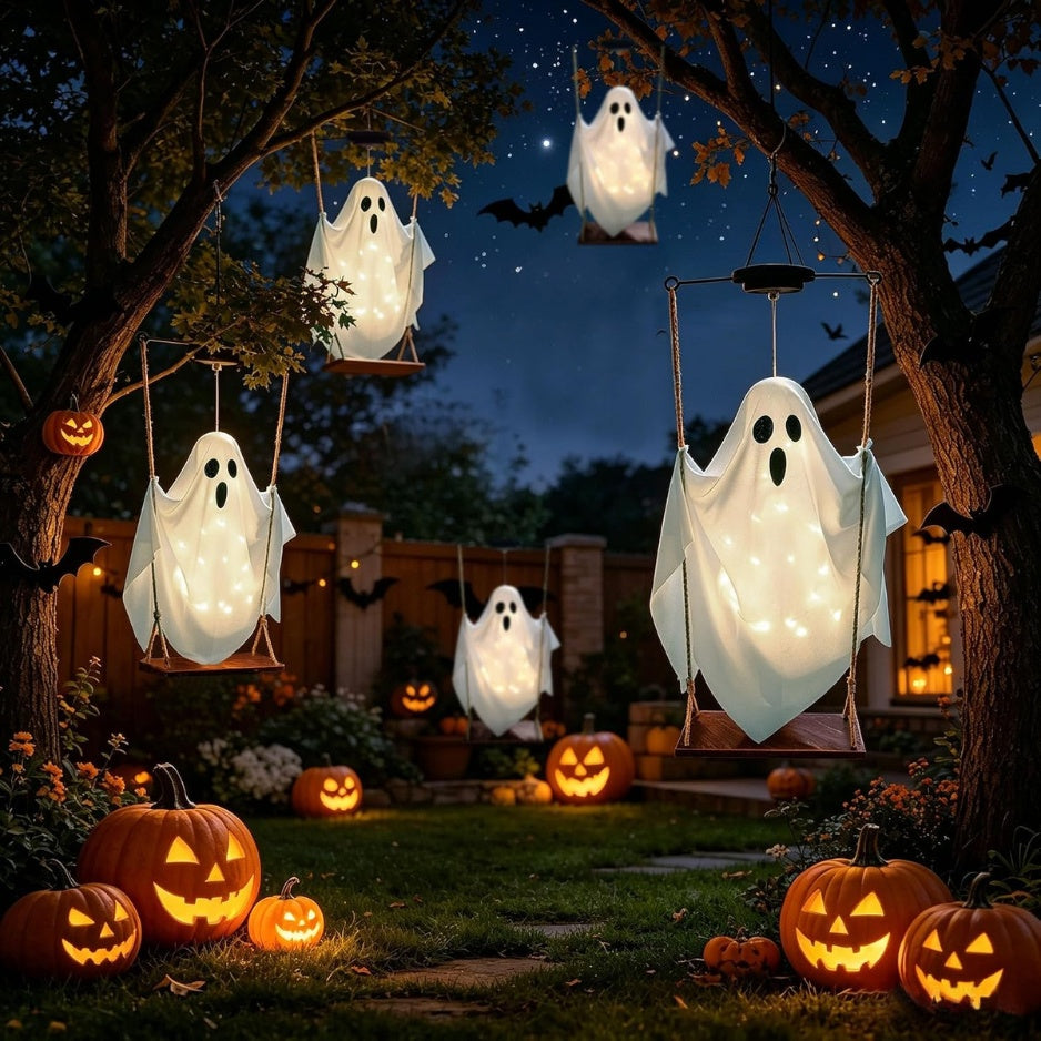 Halloween Decorations Outdoor Solar Hanging Swing Ghost Halloween Decor With