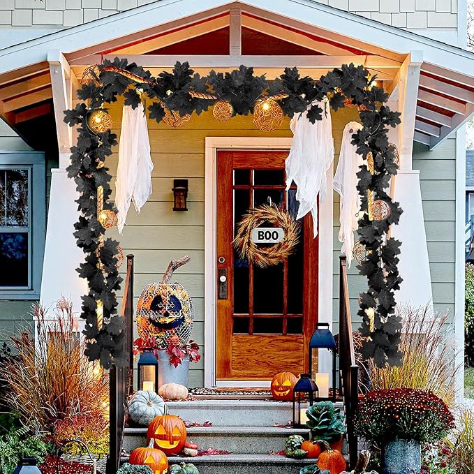 2 Pcs Black Maple Leaf Garland, Artificial Fall Leaf Vines For Halloween