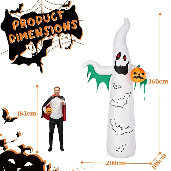 12ft Inflatable Halloween Decor With Flashing Bats & White Ghosts, 4 LED Lights
