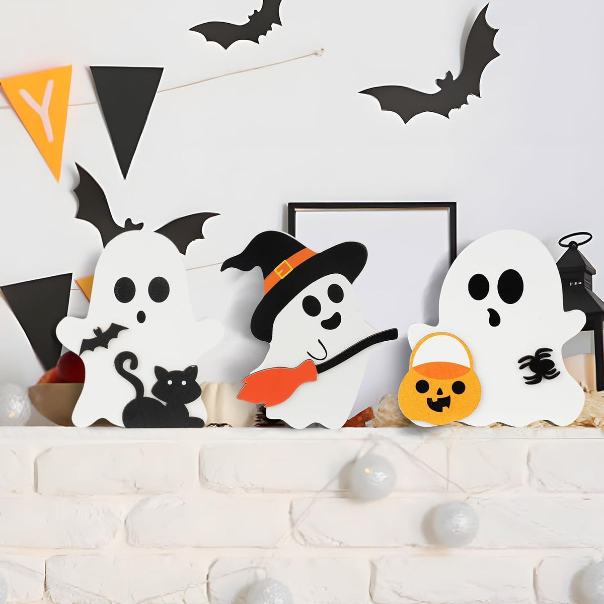 3 Pack Halloween Decorations, Cute Ghost Tabletop Decor, Wooden Tiered Tray