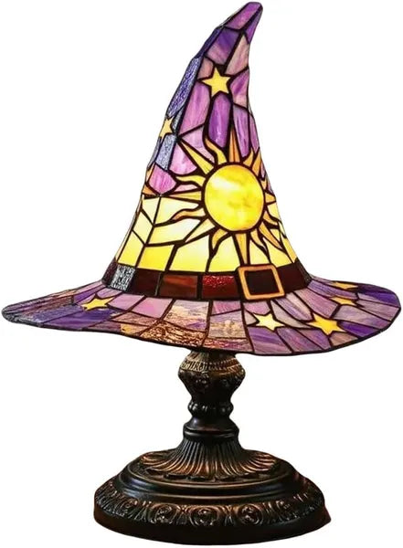 Handmade Gothic Witch Hat Night Light –Witch Hat Lamp Stained Glass LED Lamp