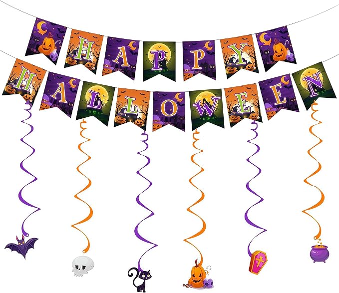 Halloween Party Decorations, Happy Halloween Banner With 6 Hanging Swirls For