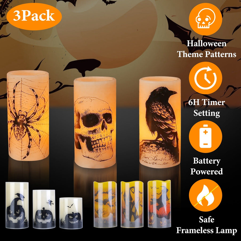 3 Pack Halloween Flameless Candle Lamp With Timer Setting Battery Operated Warm