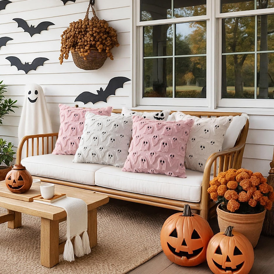 White Cute Ghost Halloween Pillow Covers 18x18 Set Of 2 Spooky Aesthetic Throw