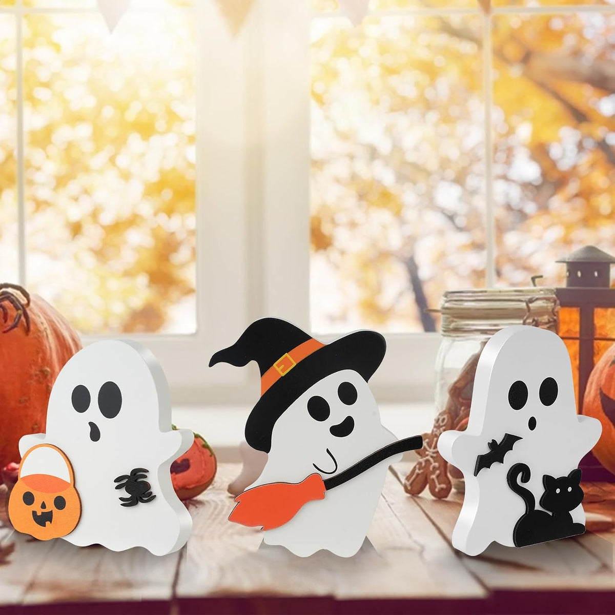 3 Pack Halloween Decorations, Cute Ghost Tabletop Decor, Wooden Tiered Tray