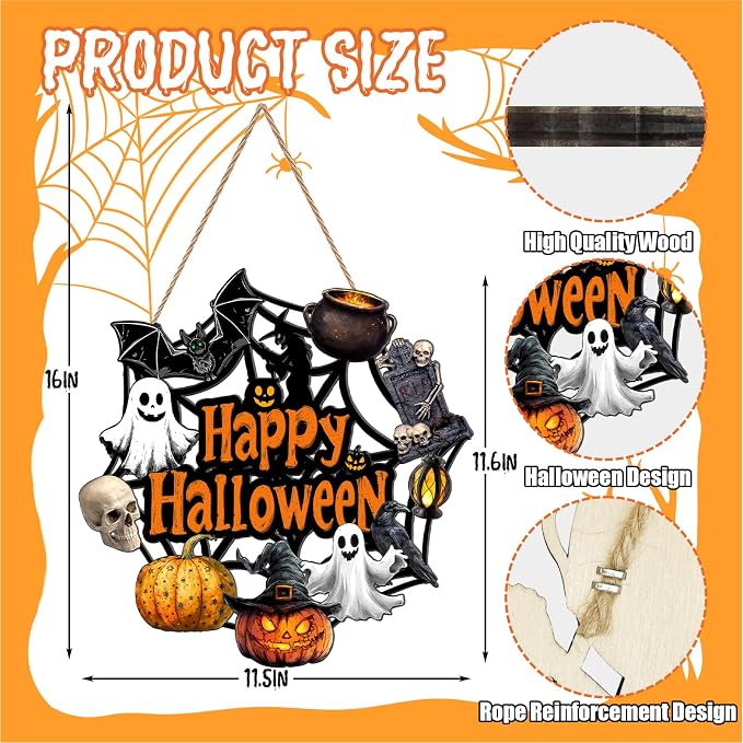 Halloween Wooden Ghost Wreath Door Decoration With Pumpkin, Bat And Witch