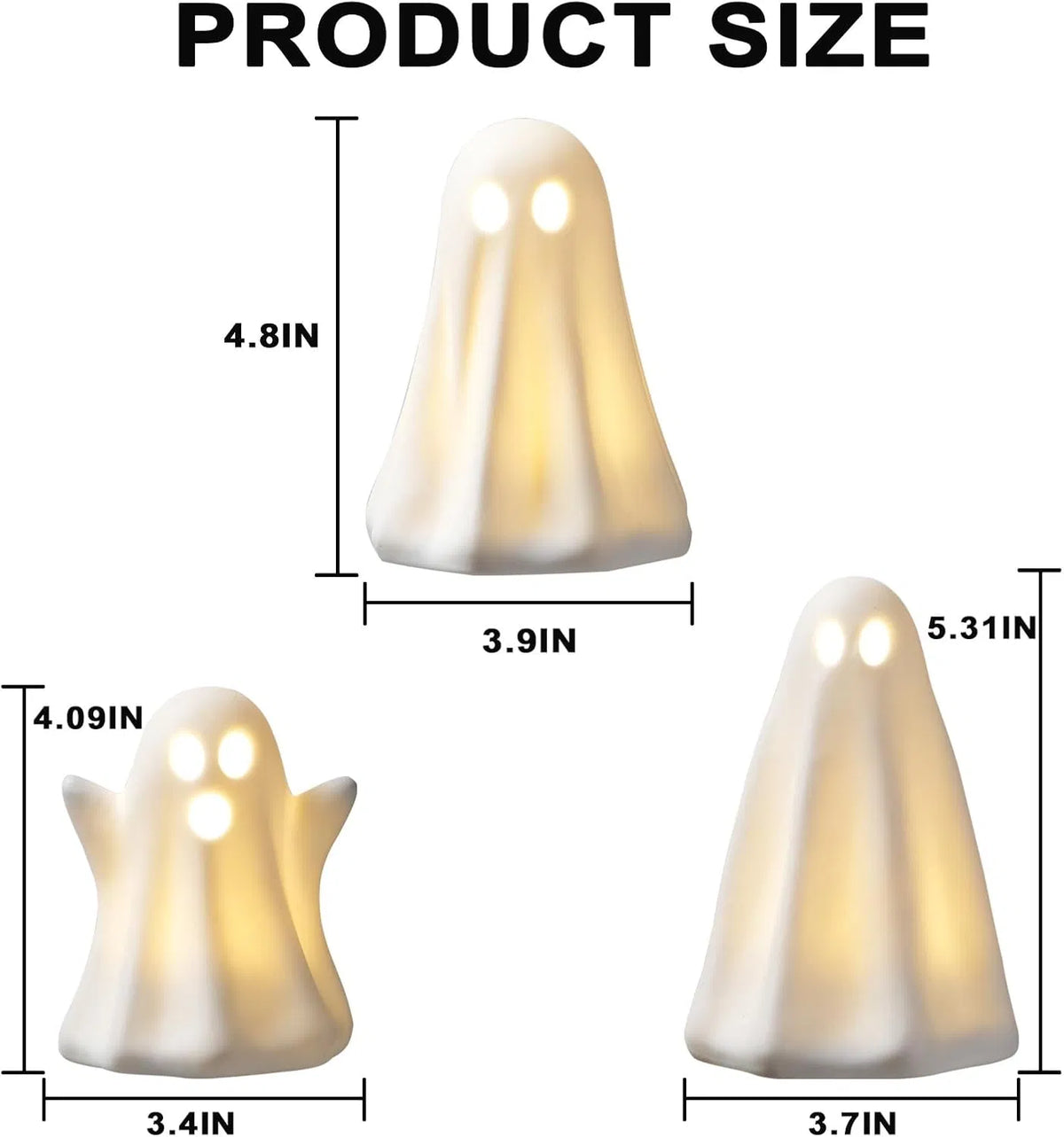 Light Up Ghost Halloween Decor, 3 Pack Ceramic Halloween Ghost Decorations